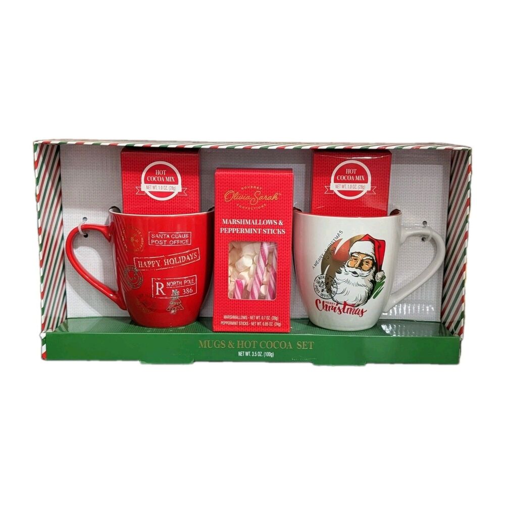 Olivia Sarah Christmas Santa Post Office 2 Mugs Cup Hot Cocoa Gift Set